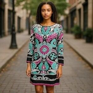 Nicole Miller Studio Silk Blend Psychedelic Floral Paisley Bell Sleeve Dress S